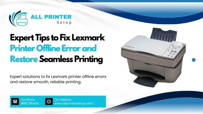 Lexmark printer with guide on fixing offline error and restoring seamless printing.